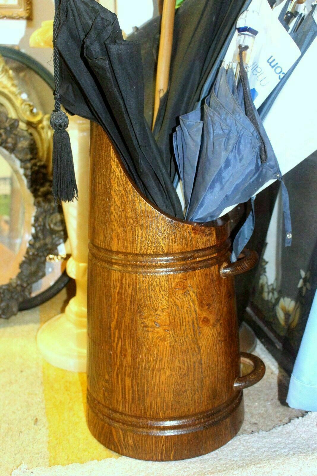 Antique Scandinavian Oak Umbrella Stick Holder Large Wooden Jug C photo vinterior