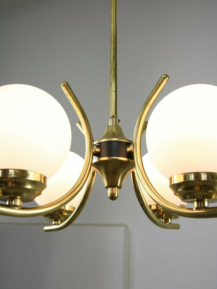 Mid Century Italian Brass And Opaline Chandelier photo for sale