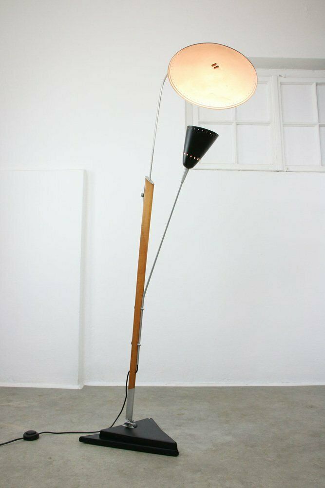 Lighting Mid Century Italian Aluminum & Wood Floor Lamp With Reflector photo
