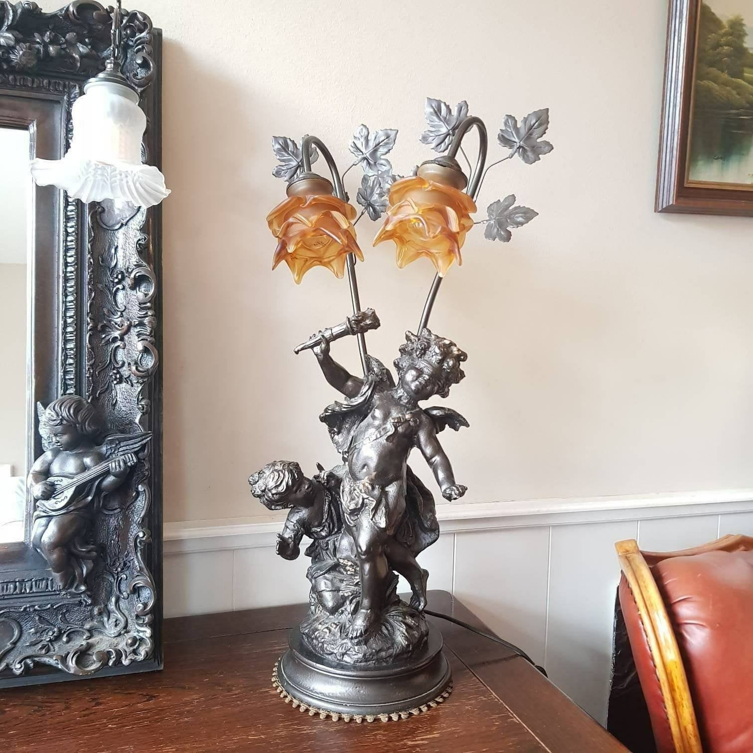 Vintage French Lamp, Table Lamp, Home Decor, Interior Design, Brown Shade, 2 Figures Statue Lamp, Putti, Cherubs, Angels Lamp, Collectable