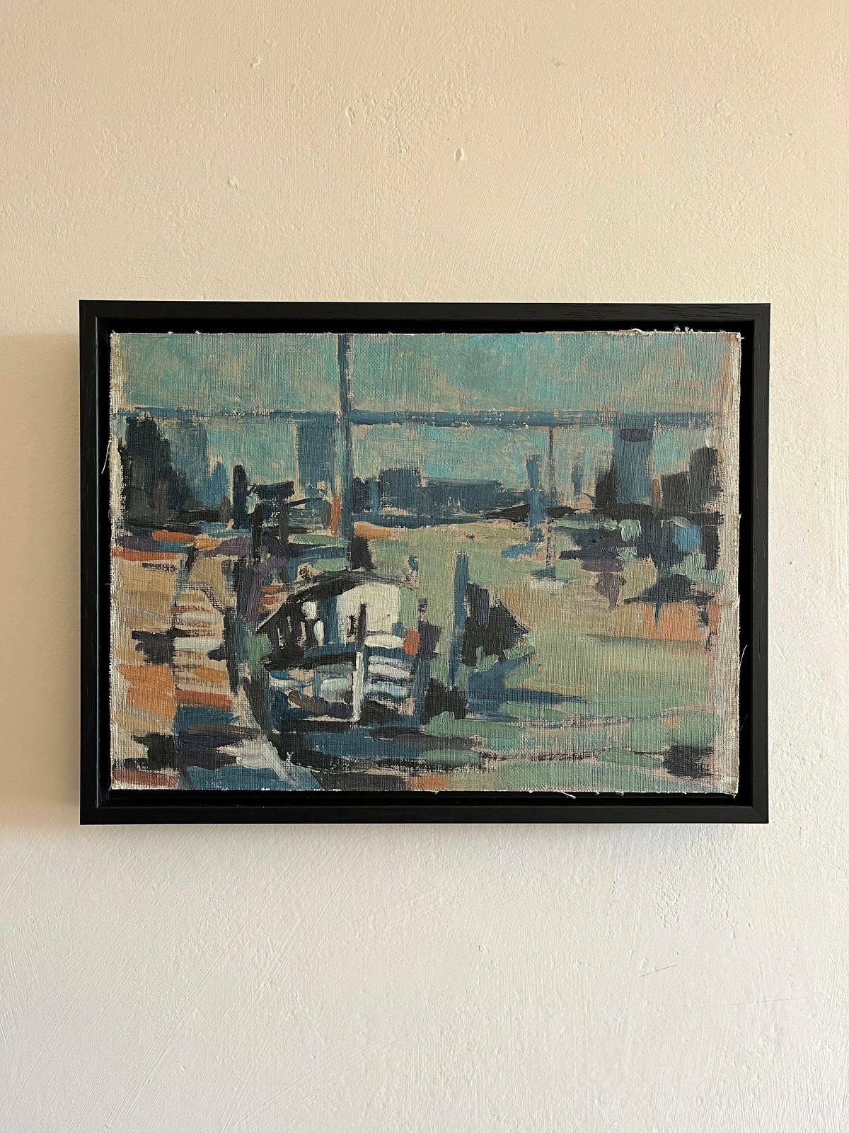 Mid Century Oil Painting Of Harbour Of Water Bay River Side In Blue Tones, Semi Abstract Artwork, Framed In A Tray Frame