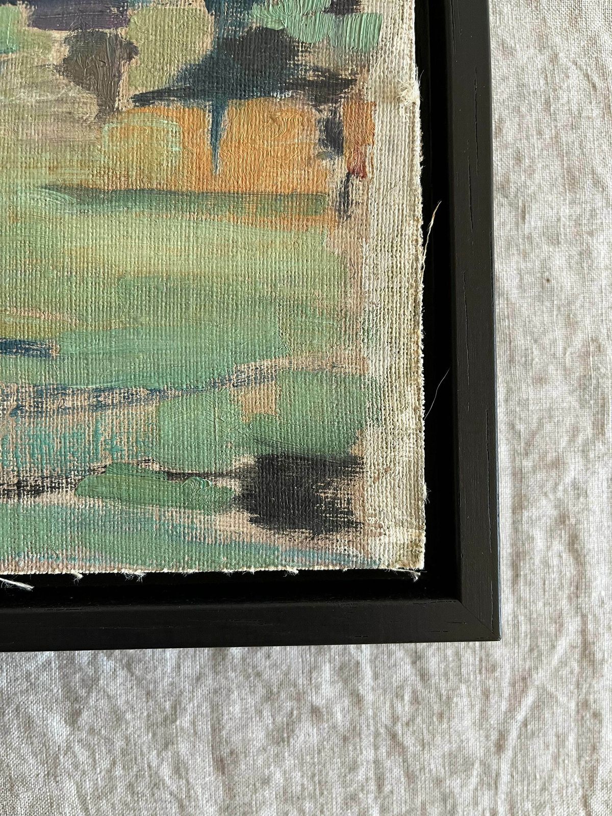 Mid Century Oil Painting Of Harbour Of Water Bay River Side In Blue Tones, Semi Abstract Artwork, Framed In A Tray Frame photo Art