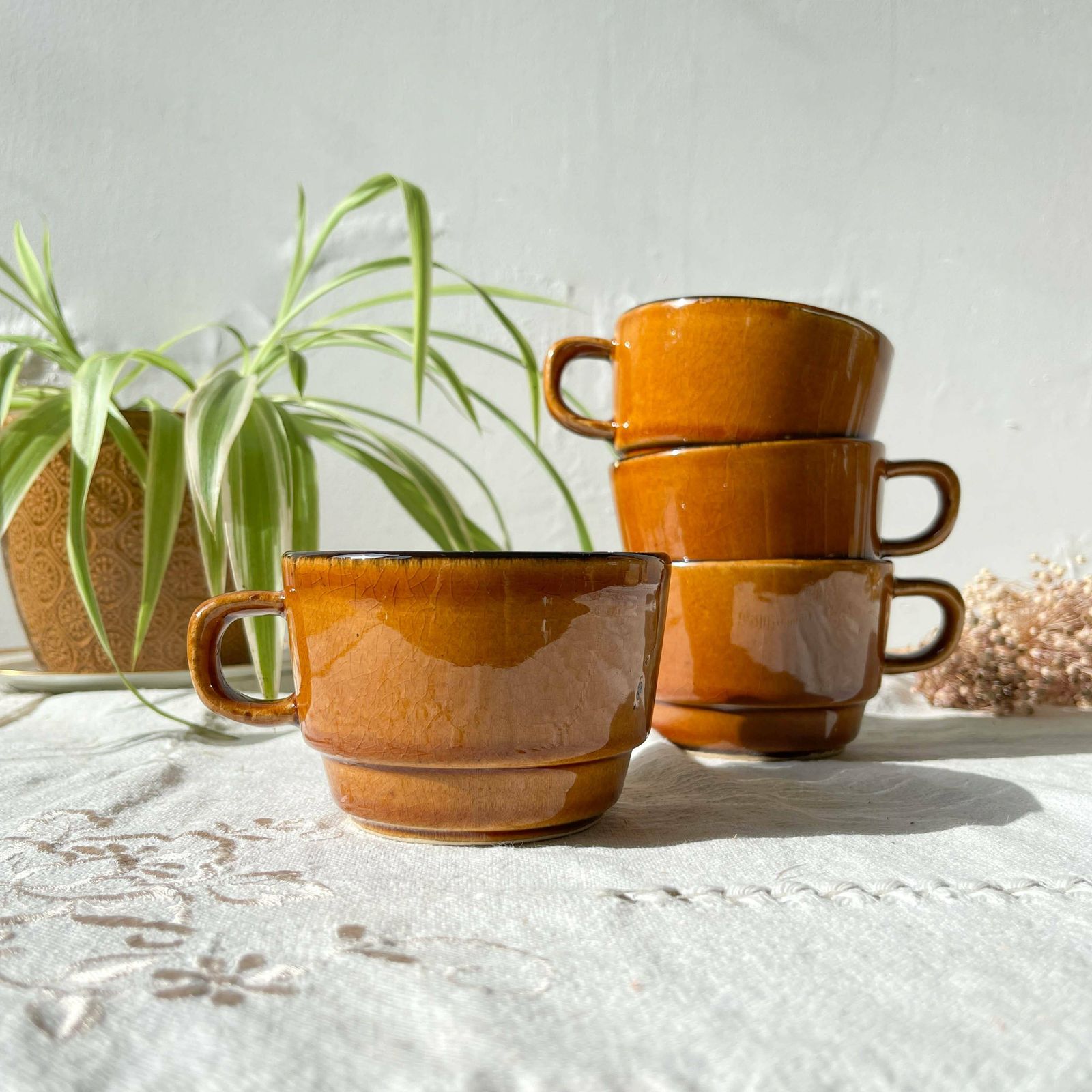 4 Vintage Coffee/Tea Cups In Black Caramel Earthenware   Vintage Coffee Service   Tea Cups   Vintage Mugs   Vintage Coffee Cups