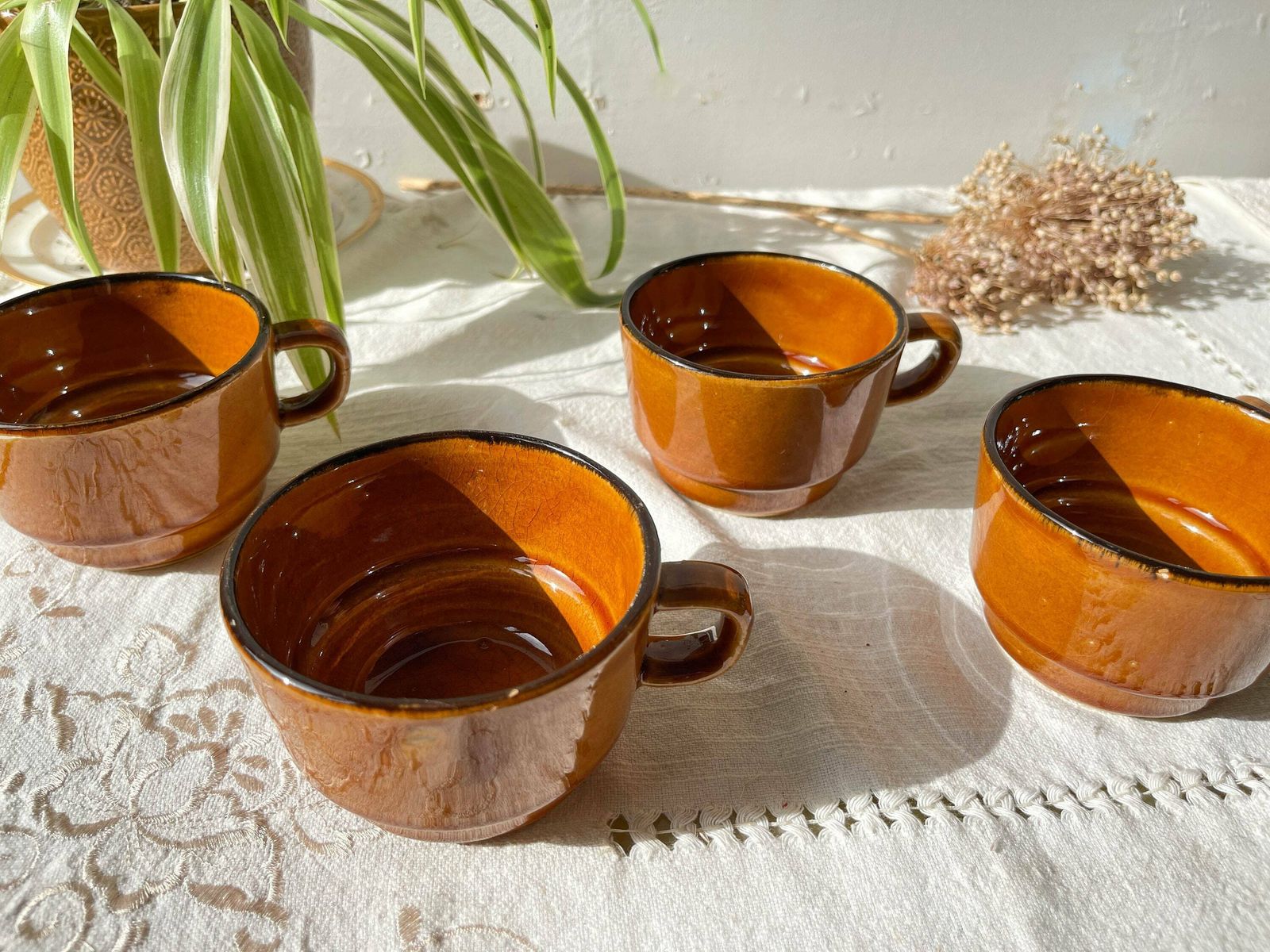 4 Vintage Coffee/Tea Cups In Black Caramel Earthenware   Vintage Coffee Service   Tea Cups   Vintage Mugs   Vintage Coffee Cups photo buy