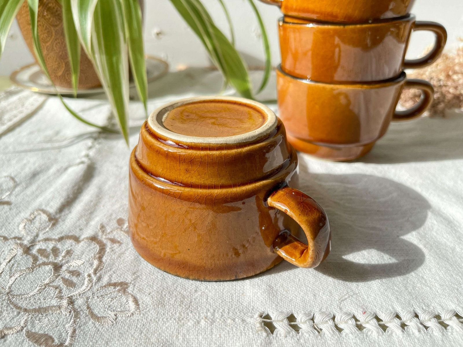 4 Vintage Coffee/Tea Cups In Black Caramel Earthenware   Vintage Coffee Service   Tea Cups   Vintage Mugs   Vintage Coffee Cups photo vintage