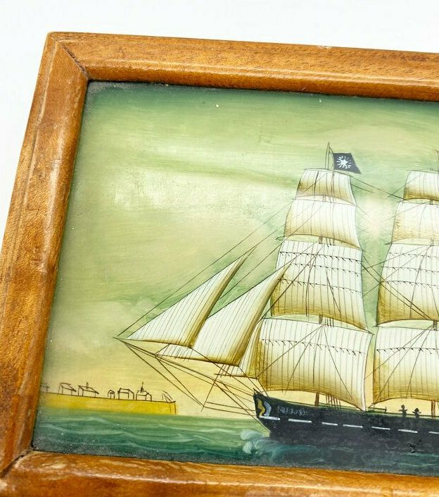 Vintage Small Wooden Box With Clipper Ship On Lid, Jewellery Box, photo 63.0