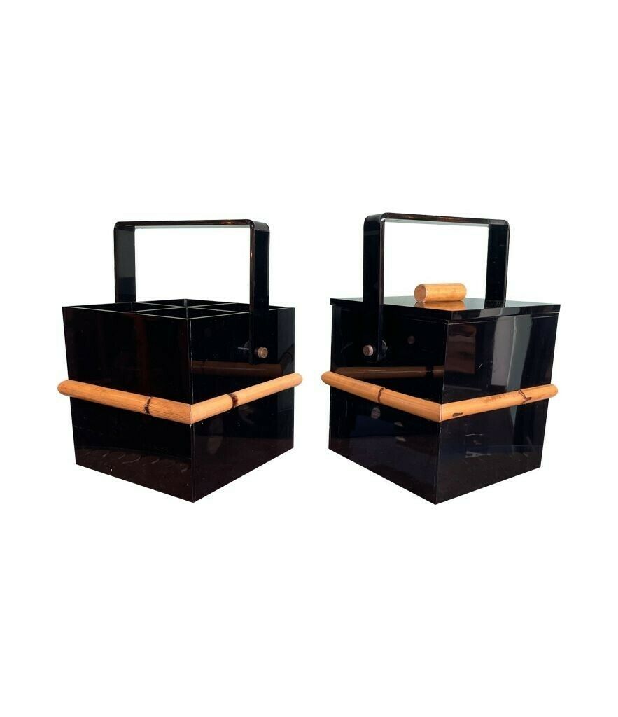 A 1970s Italian Bar Set Comprising An Ice Bucket With Lid And Bottle Holder In Black Perspex With Bamboo Detail photo for sale