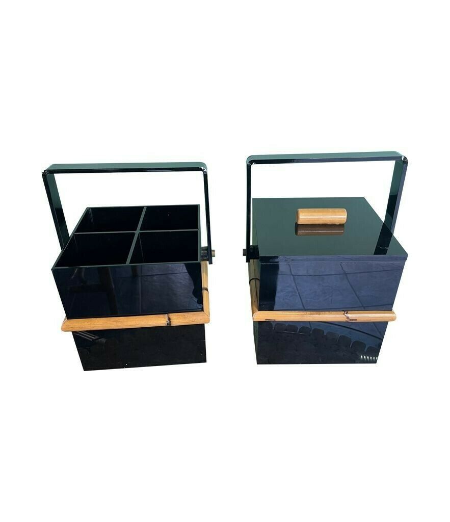 photo buy A 1970s Italian Bar Set Comprising An Ice Bucket With Lid And Bottle Holder In Black Perspex With Bamboo Detail