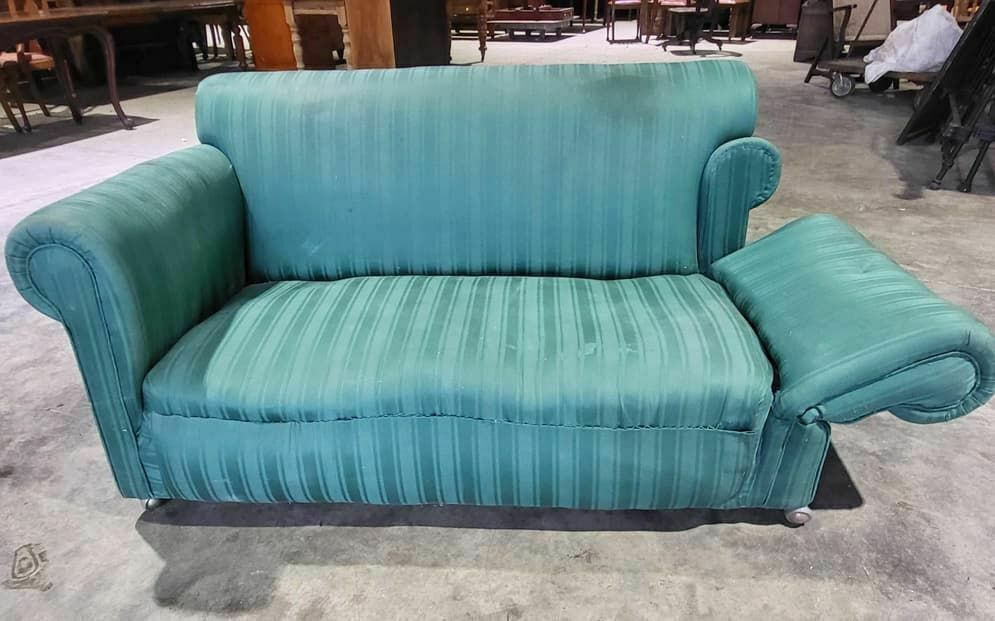 Antique Victorian Small Drop Side Sofa Green Fabric Castors Day Bed photo furniture