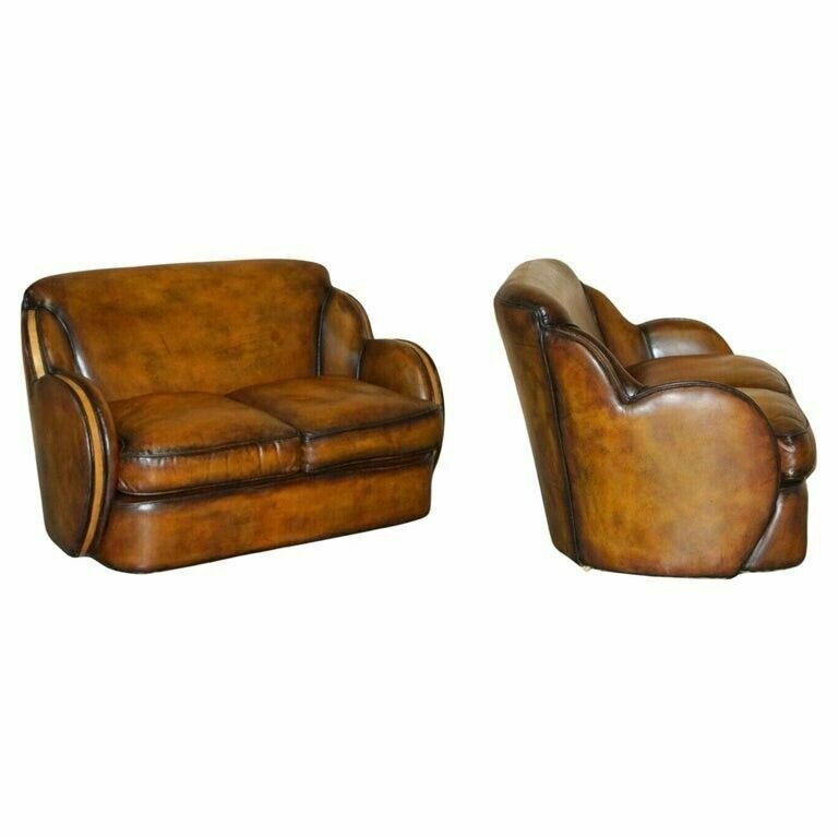 1 Of 2 Of Restored Art Deco Harry & Lou Epstein Hand Dyed Brown Leather Sofas