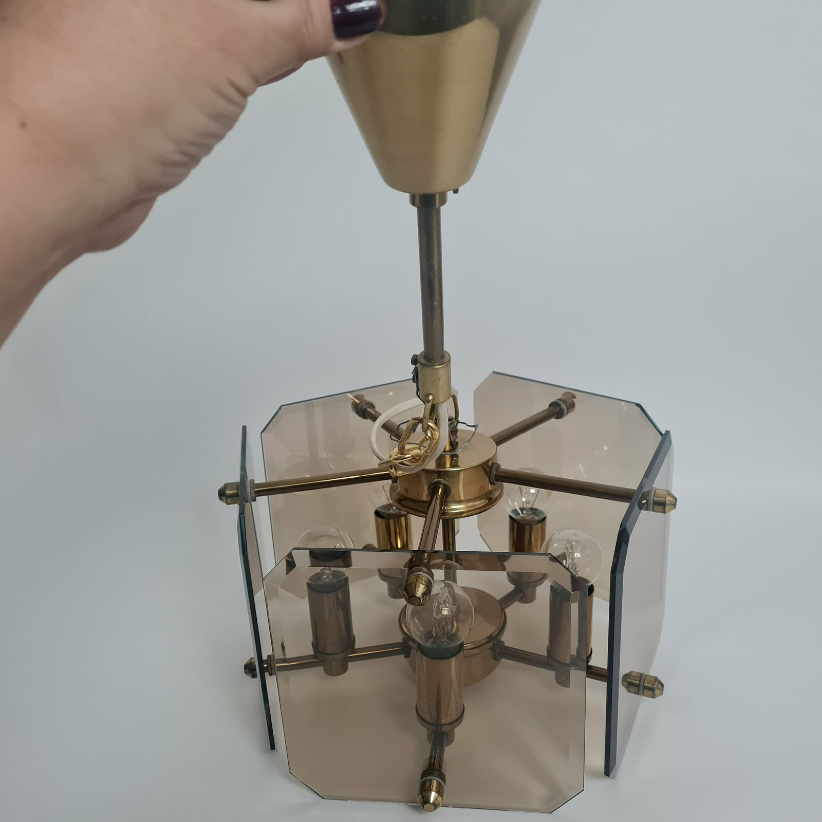 Vintage Mid Century Modern Ceiling Smoky Glass And Brass Chandelier 80s photo 380.0