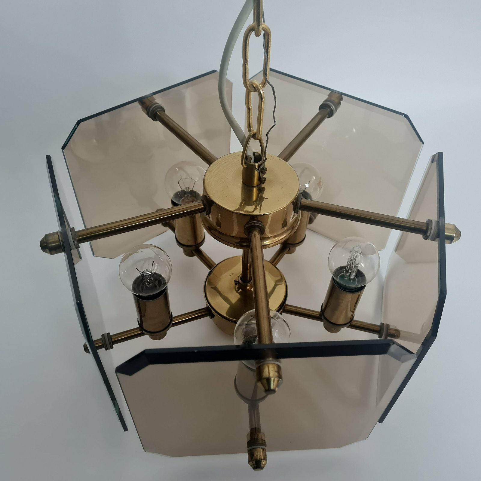 Vintage Mid Century Modern Ceiling Smoky Glass And Brass Chandelier 80s photo vinterior