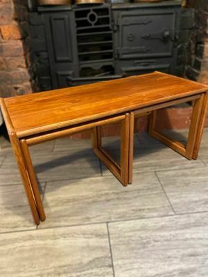 299.0 Trio Of Solid Teak Mid Century Vintage Retro Side Tables Expertly Finished. photo