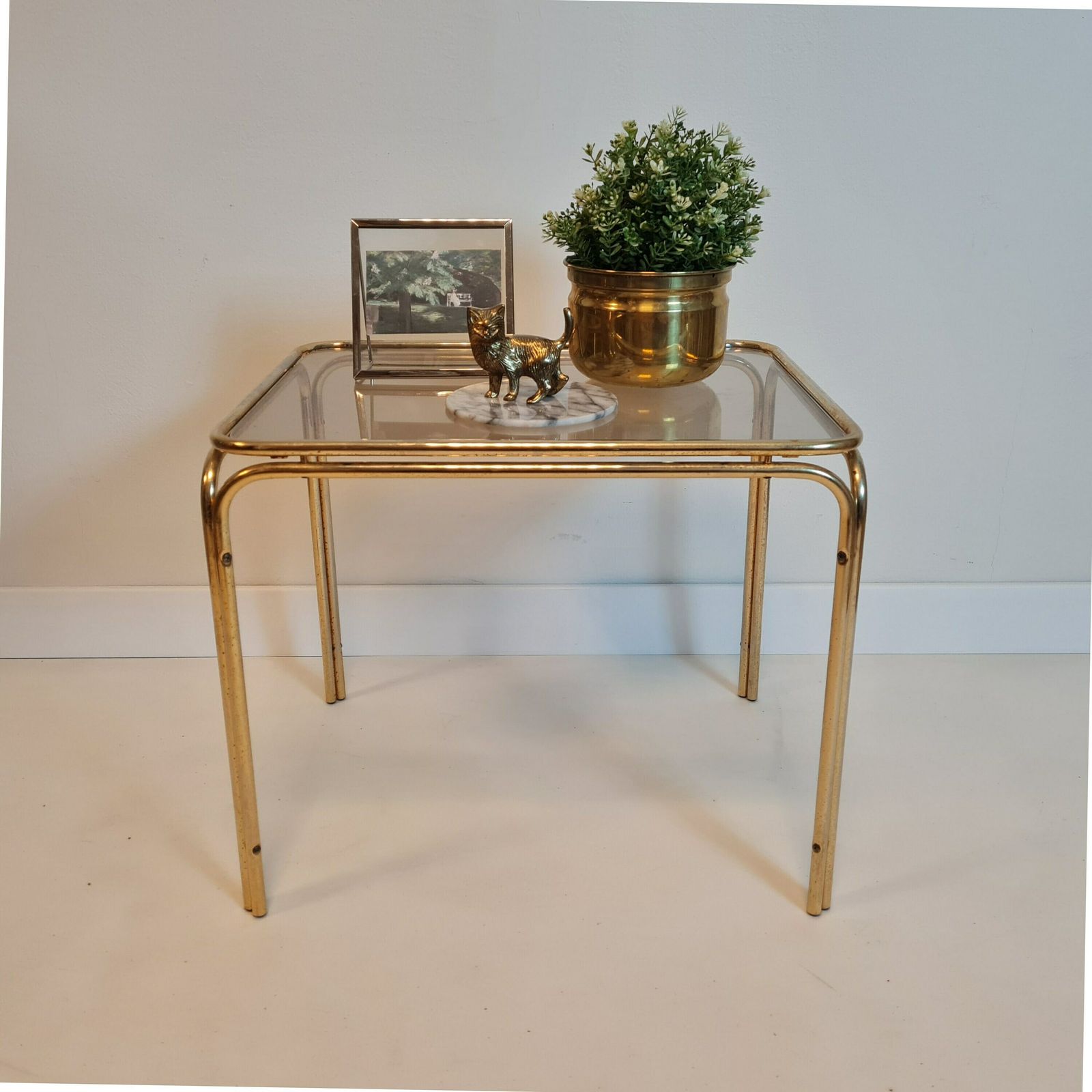 Vintage Mid Century Modern Brass And Smoky Glass Table photo for sale