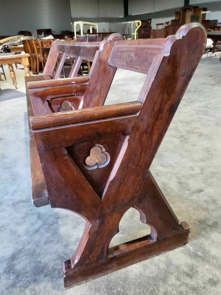 Antique Large Pitch Pine Bench Carved Slope Back 302 Cm W Seat Conservatory Hall photo for sale