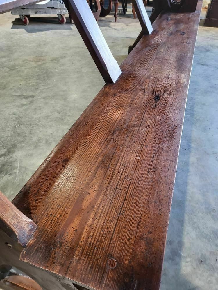 Antique Large Pitch Pine Bench Carved Slope Back 302 Cm W Seat Conservatory Hall photo Furniture