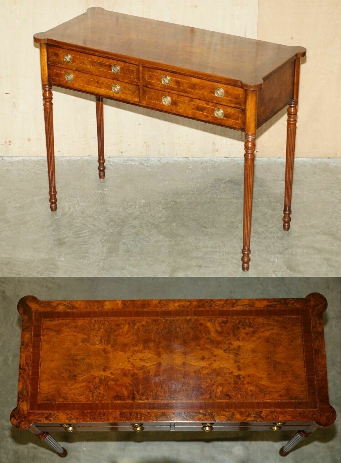 Exquisite Circa 1920 Burr Elm & Satinwood French Polished Restored Console Table
