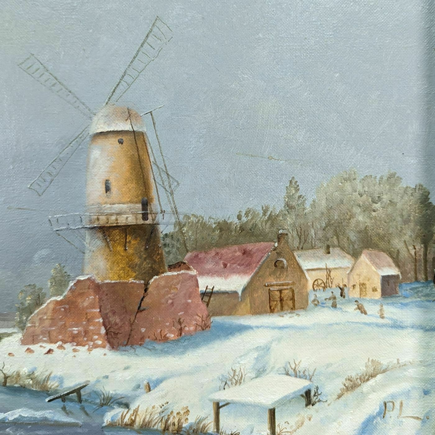 Oil On Canvas French School Snowy Landscape At The Mill 20th Century Philippe Lazare photo for sale