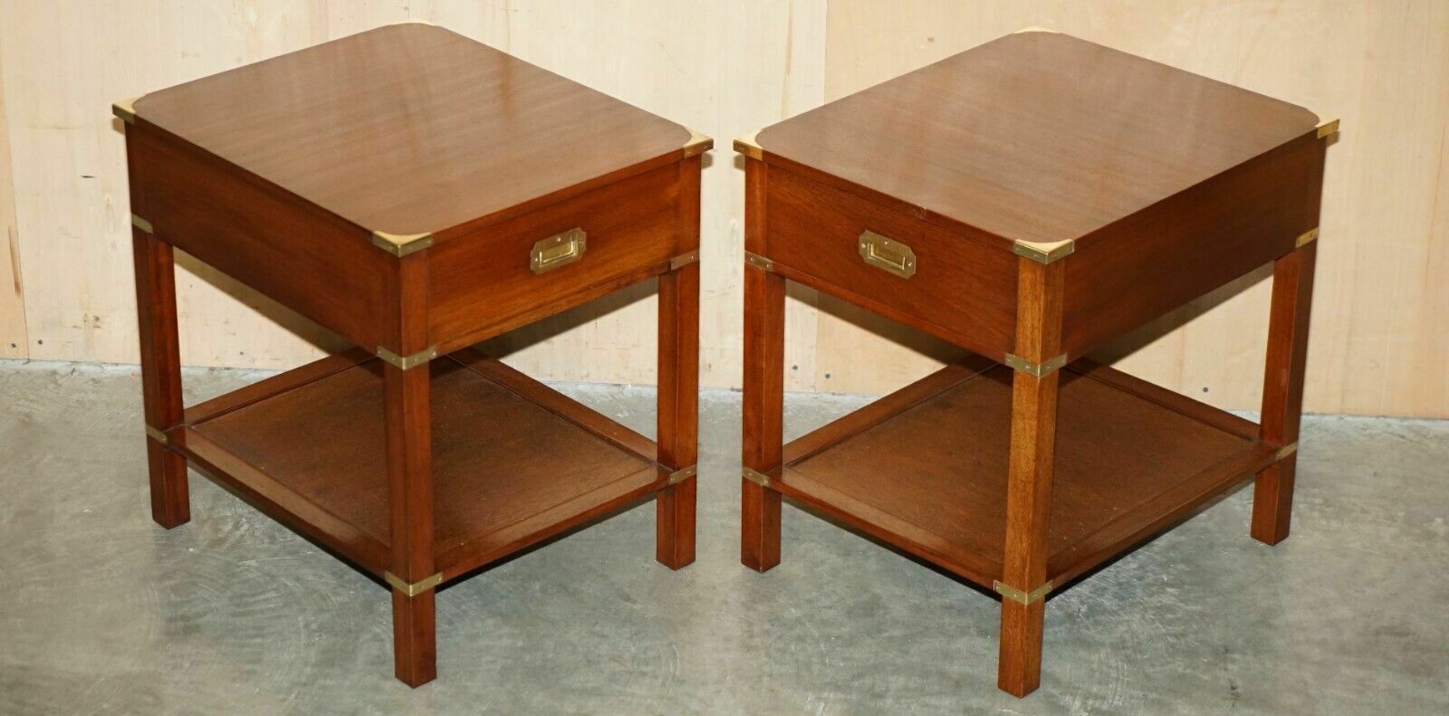 Pair Of Fully Restored Harrods London Military Campaign Single Drawer Side Table