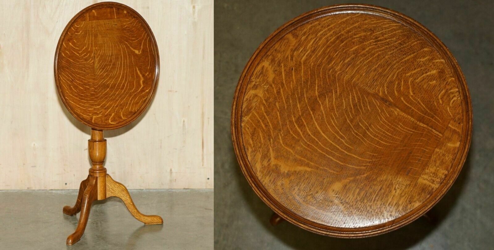 Exquisite Cira 1840 Antique Tiger Oak Cut Side End Lamp Tilt Top Tripod Table