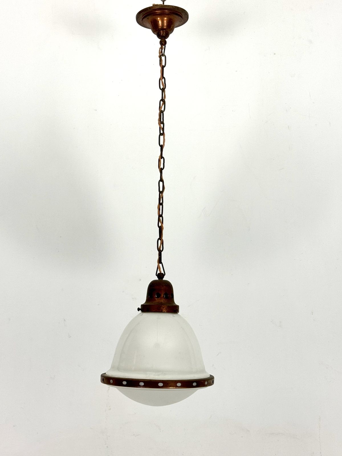 Industrial Chandelier In Copper And Milk Glass. Italy 1950s photo 780.0