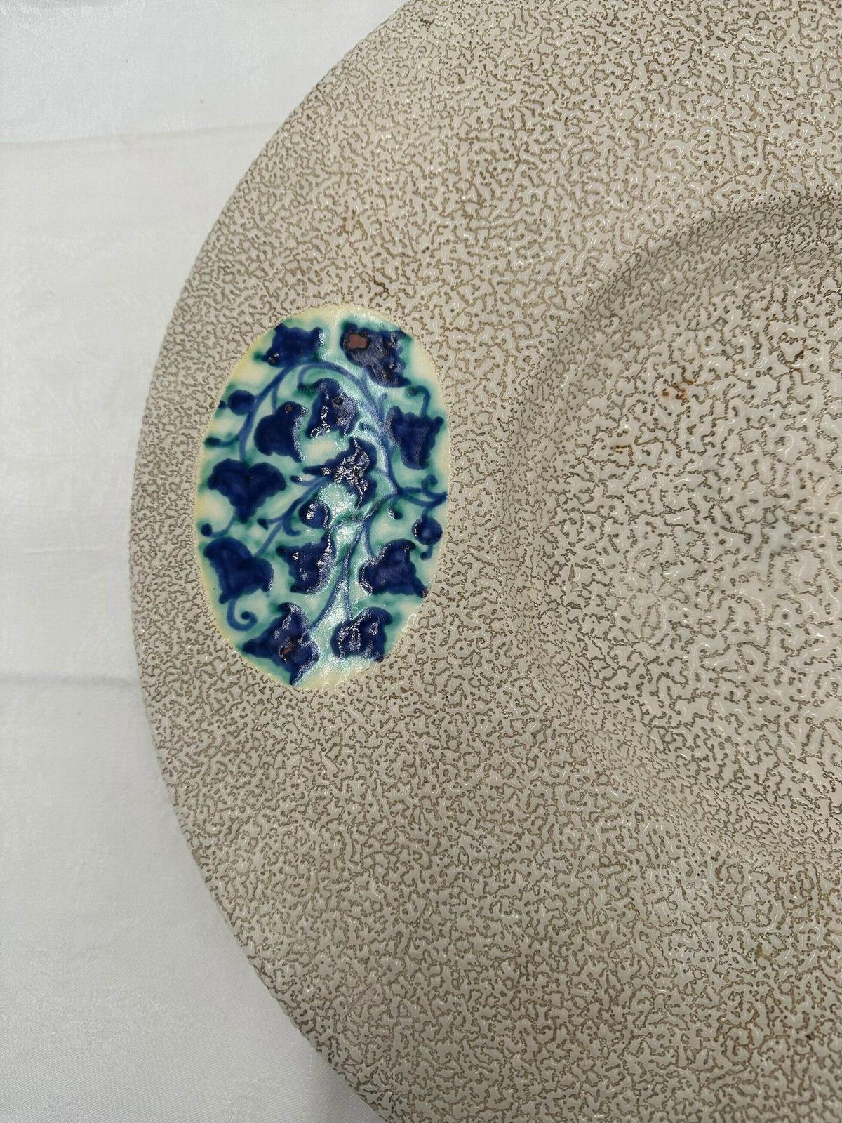 Art Deco Ceramic Wall Charger By L Fontinelle, French Antique White Crackled Plate, Blue And White Pottery photo furniture
