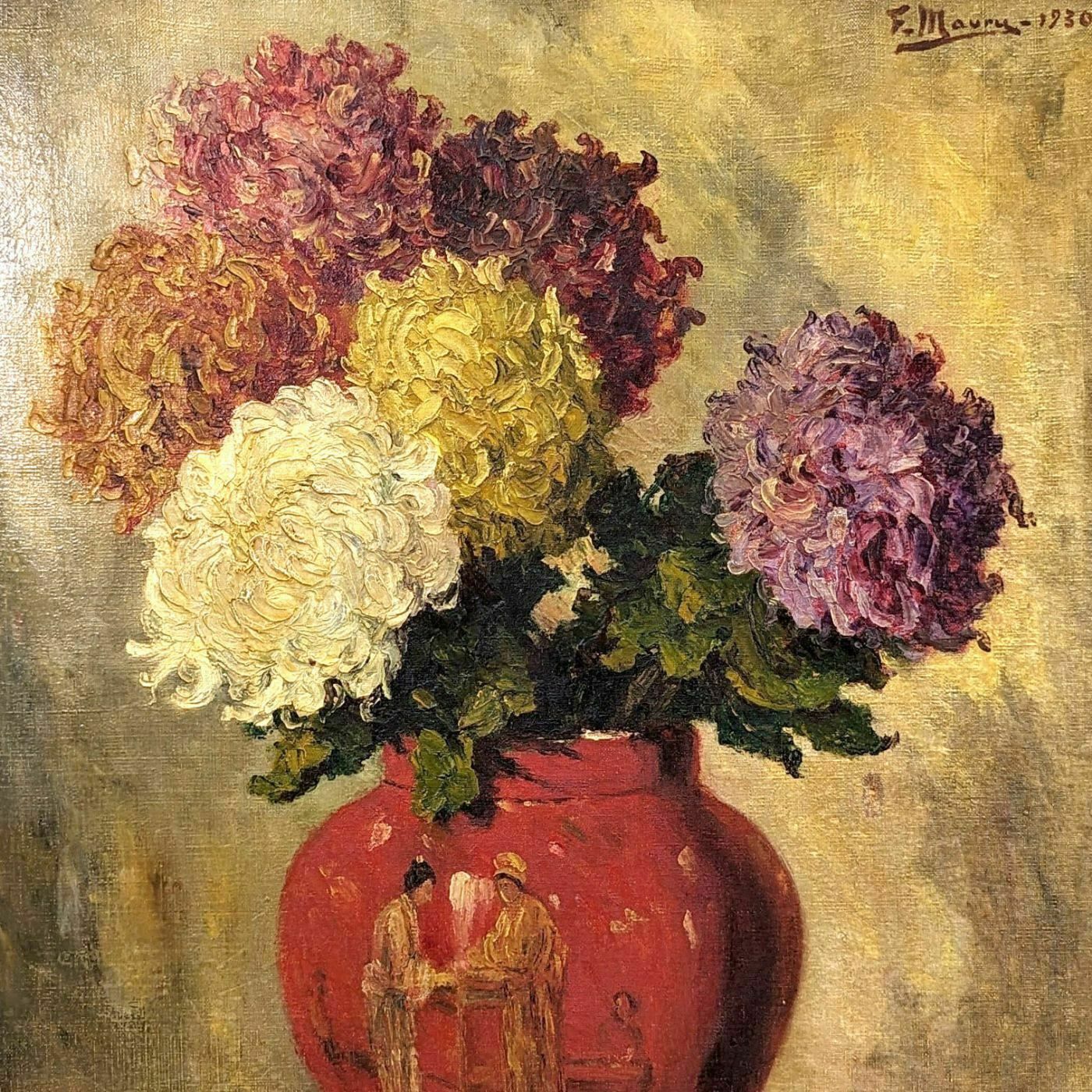 Oil On Canvas With Chrysanthemums By F Maury Dated 1930 photo for sale