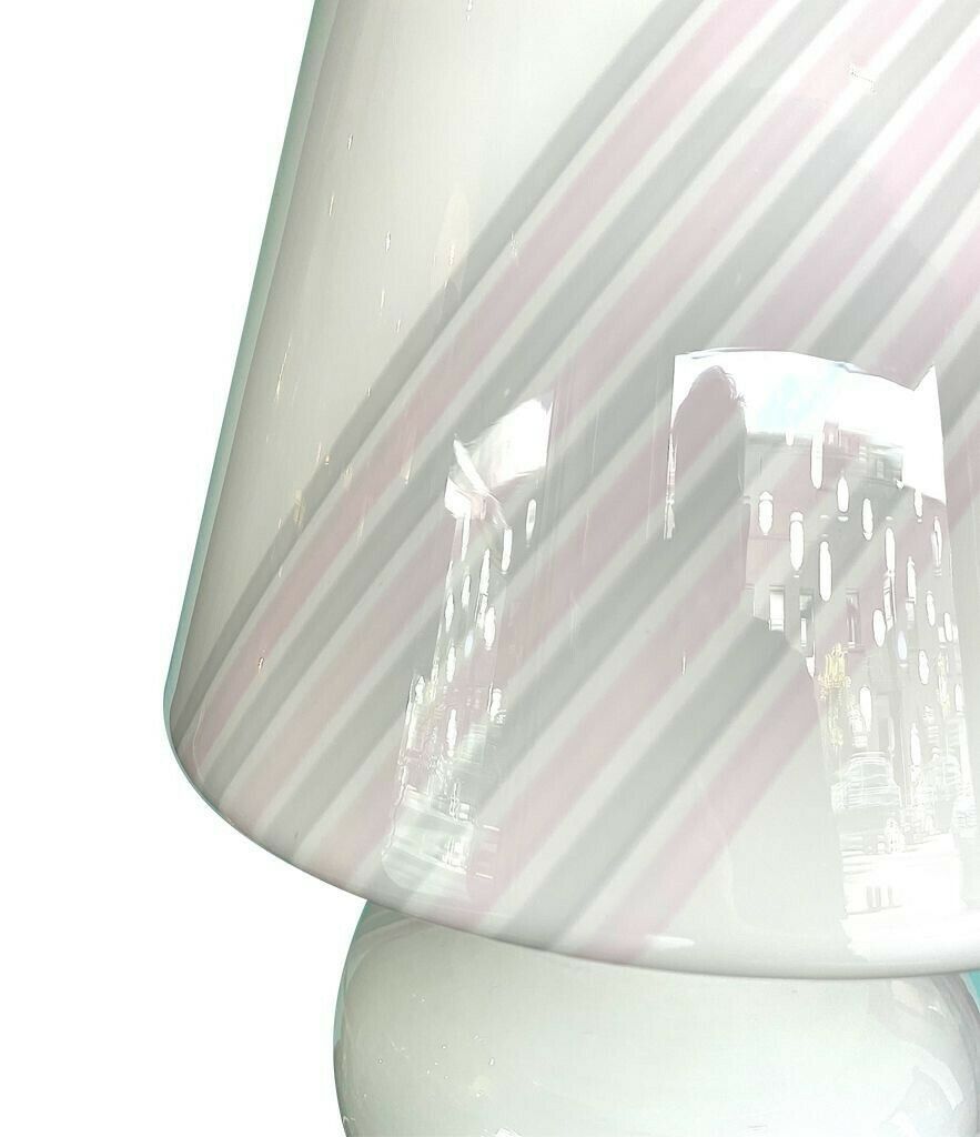 A Large 1980s Handmade Murano Glass White Mushroom Lamp With Pink And Grey Striped Detail photo furniture