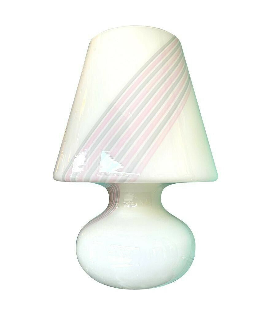 A Large 1980s Handmade Murano Glass White Mushroom Lamp With Pink And Grey Striped Detail photo Lighting