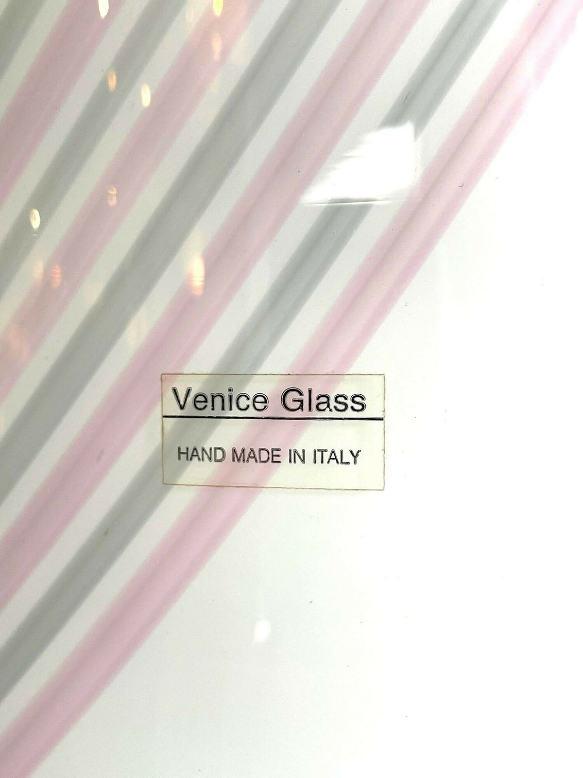 A Large 1980s Handmade Murano Glass White Mushroom Lamp With Pink And Grey Striped Detail photo vinterior