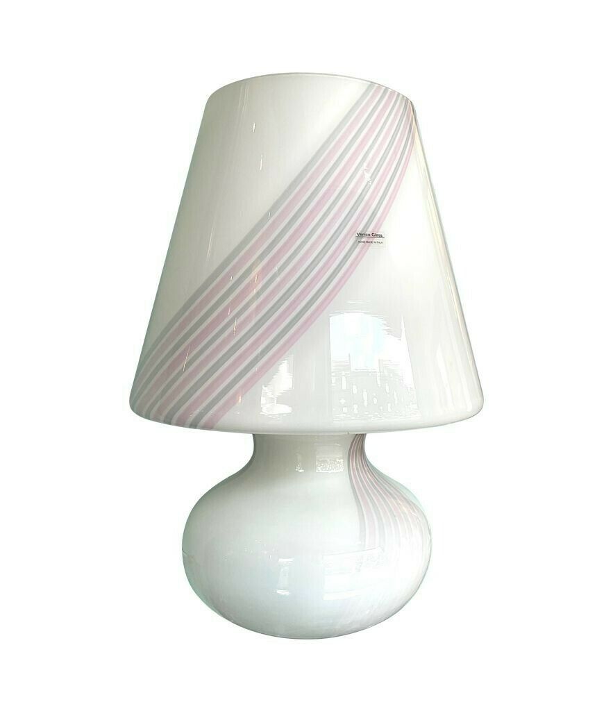 A Large 1980s Handmade Murano Glass White Mushroom Lamp With Pink And Grey Striped Detail photo buy