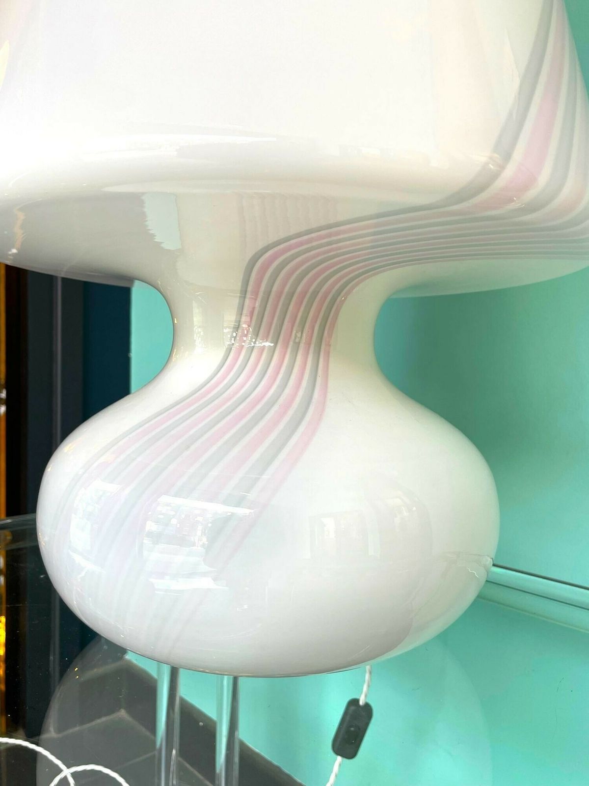photo for sale A Large 1980s Handmade Murano Glass White Mushroom Lamp With Pink And Grey Striped Detail