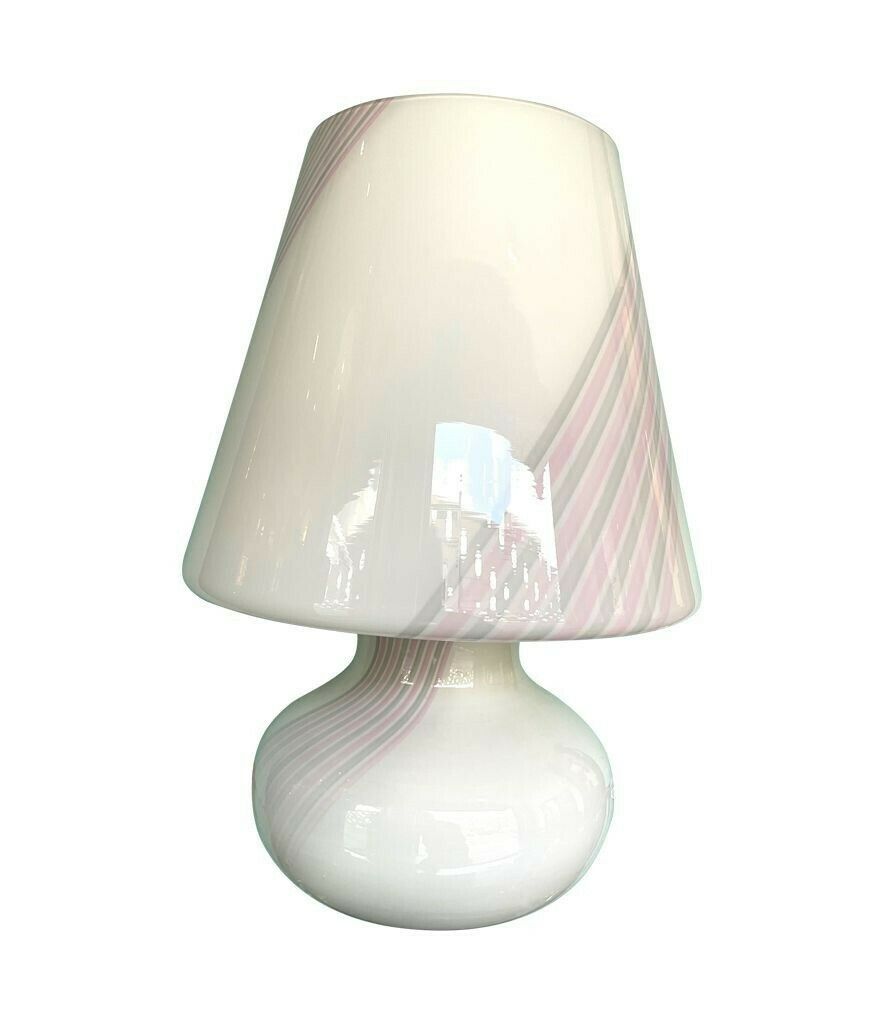 photo vinterior A Large 1980s Handmade Murano Glass White Mushroom Lamp With Pink And Grey Striped Detail