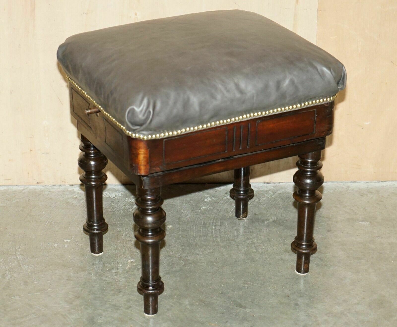Antique Original Brooks Ltd Victorian Mahogany Campaign Grey Leather Piano Stool