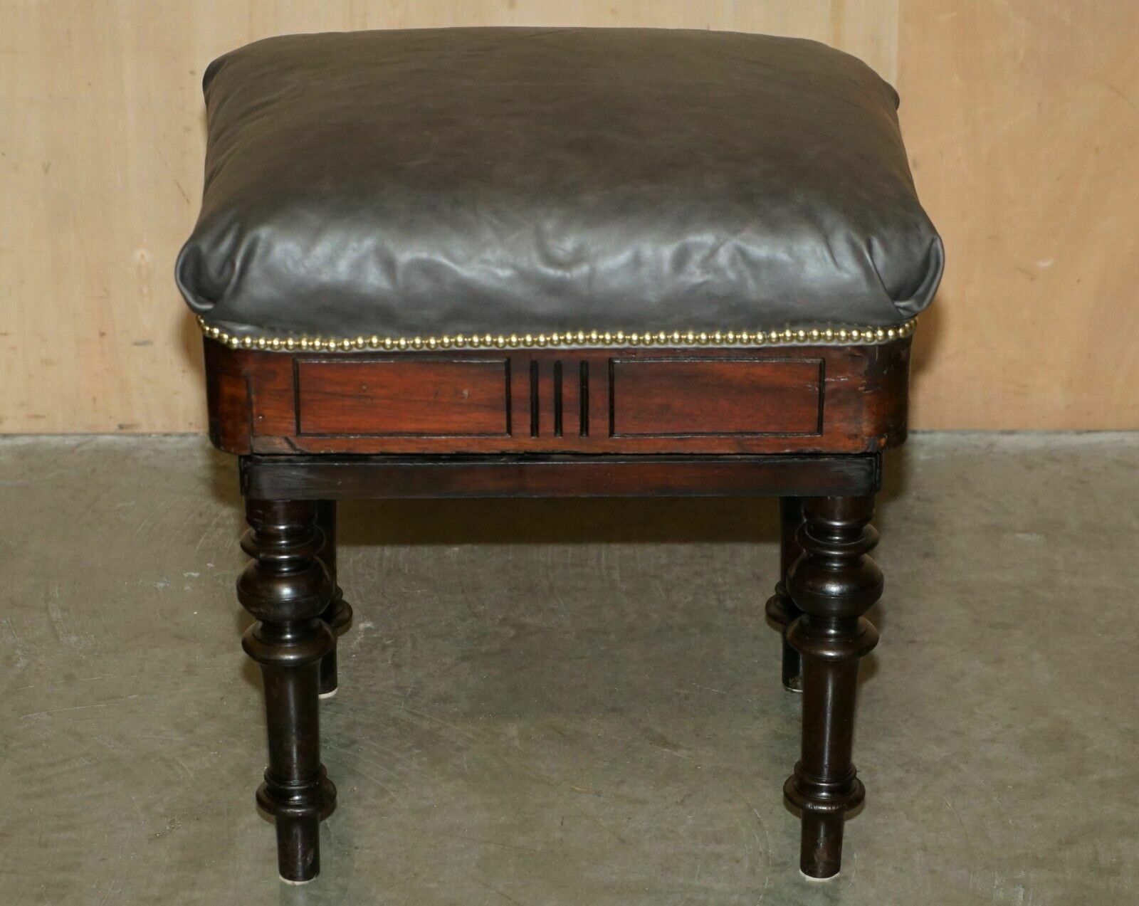 Antique Original Brooks Ltd Victorian Mahogany Campaign Grey Leather Piano Stool photo furniture