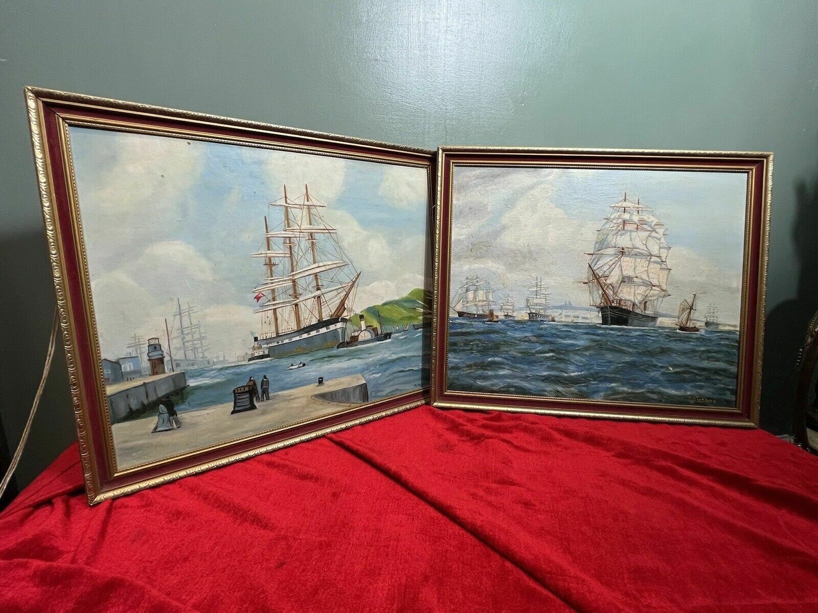 Pair Of Maritime Oil Paintings Of Masted Scooner Sailing Ships Signed B Maddocks photo furniture