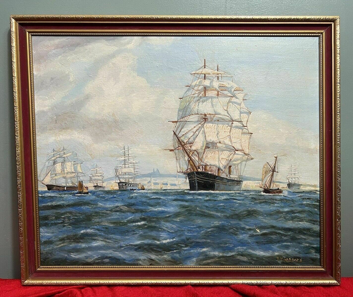 Pair Of Maritime Oil Paintings Of Masted Scooner Sailing Ships Signed B Maddocks photo Art
