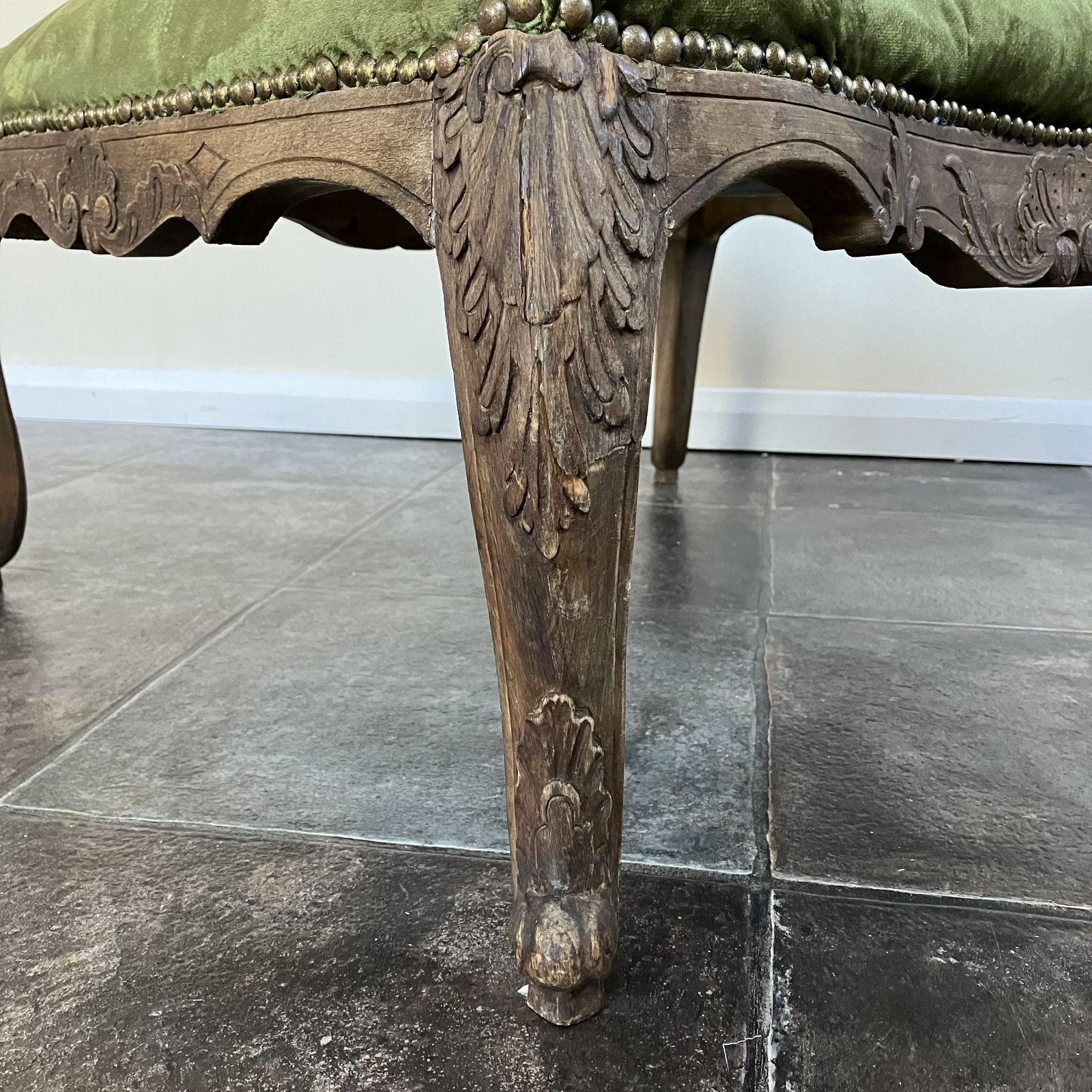 Beautiful 19th Century French Style Large Beechwood Buttoned Footstool Reupholstered In Sage Green Velvet photo 595.0