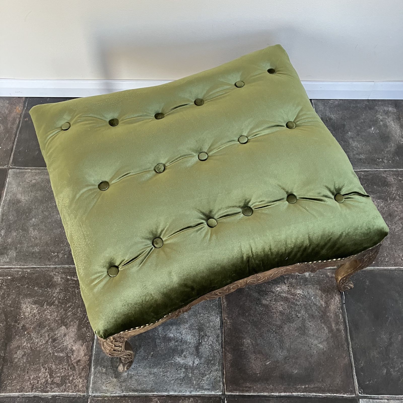 Beautiful 19th Century French Style Large Beechwood Buttoned Footstool Reupholstered In Sage Green Velvet photo vintage