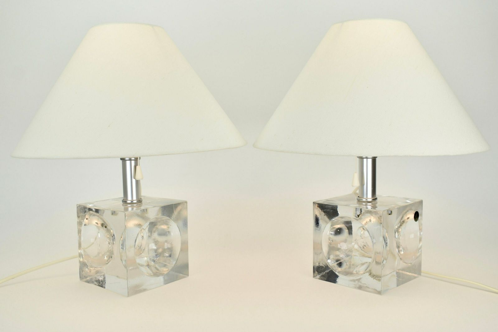 photo for sale Stunning Set Of Crystal Cubic Modernist Table Lamps | Vintage Postmodern Bedside Accent Lights Mid Century Modern Clear Solid Glass Scandi