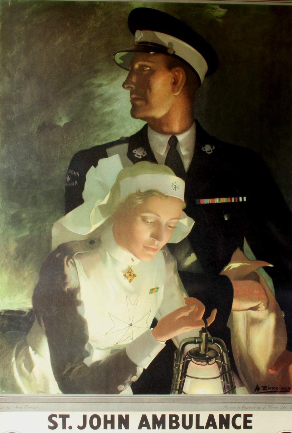 Original Anna Zinkeisen St John Ambulance Lithograph Officer & Nurse Poster.