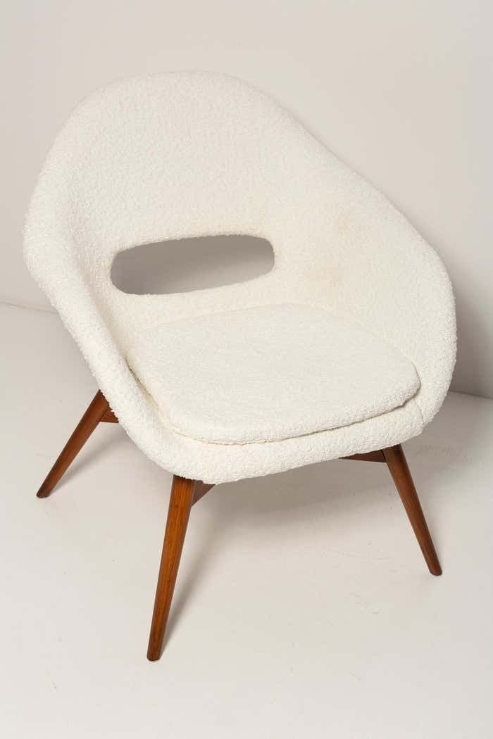 Mid Century White Boucle Shell Chair, Miroslav Navratil, Czechoslovakia, 1960s photo Furniture