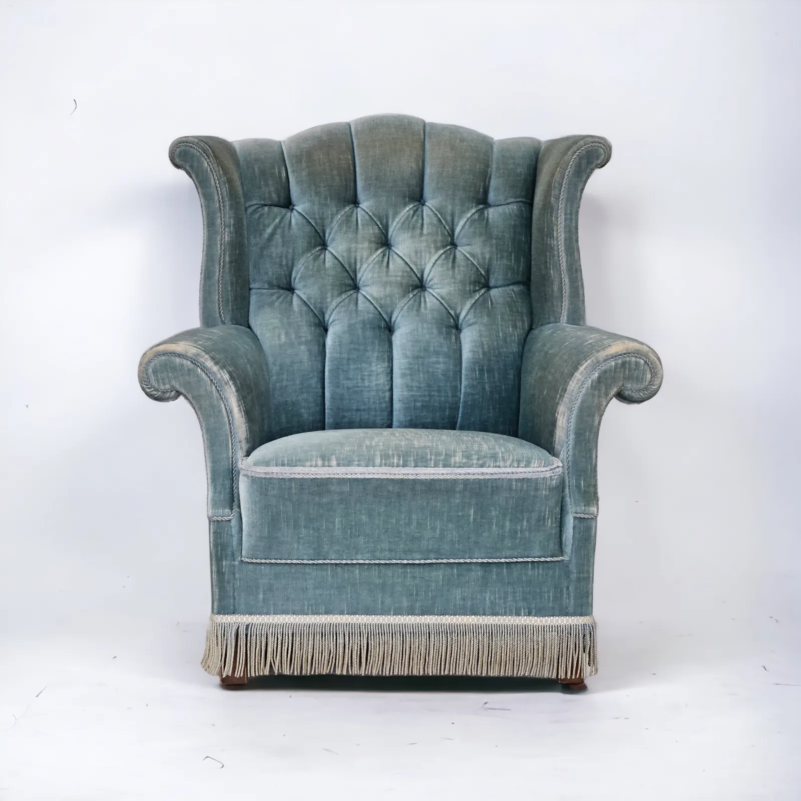 1960s, Danish Wingback Armchair, Light Blue Velour, Original Good Condition.