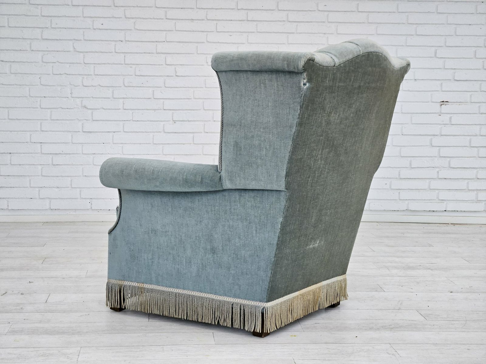 Furniture 1960s, Danish Wingback Armchair, Light Blue Velour, Original Good Condition. photo