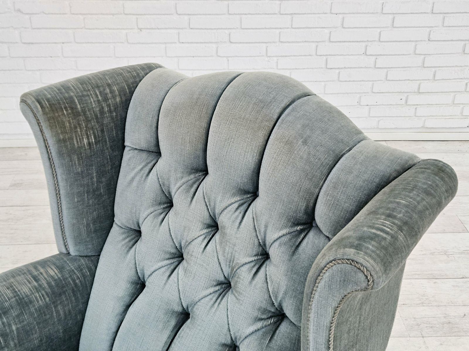 photo buy 1960s, Danish Wingback Armchair, Light Blue Velour, Original Good Condition.