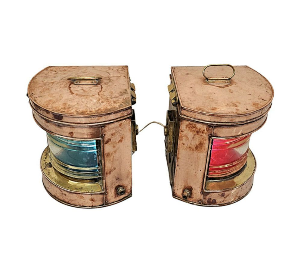 A Very Rare Pair Of Early 20th Century Copper And Brass Ships Lanterns photo for sale