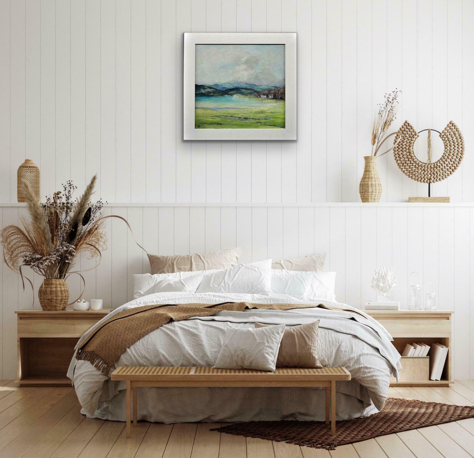 photo for sale Helen Layfield Bradley 1900 To 1979. English. Sunshine & Shadows Across The Leven Estuary, 1965. Framed Lake District Landscape Impasto Oil Painting.