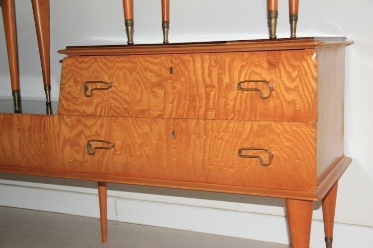 Chest Of Drawers With Italian 1950 Bedside Tables In Elm And Brass photo for sale