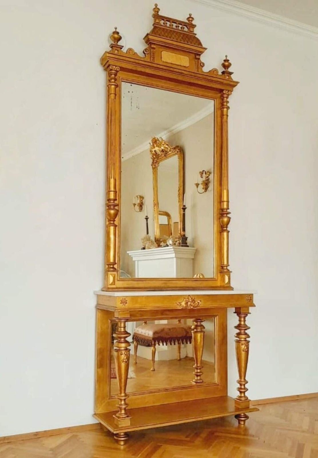 Late Victorian Console Table With An Extra Large Mirror Done In Gold Plated Wood With A Marble Top // Made In Austria In 1880s