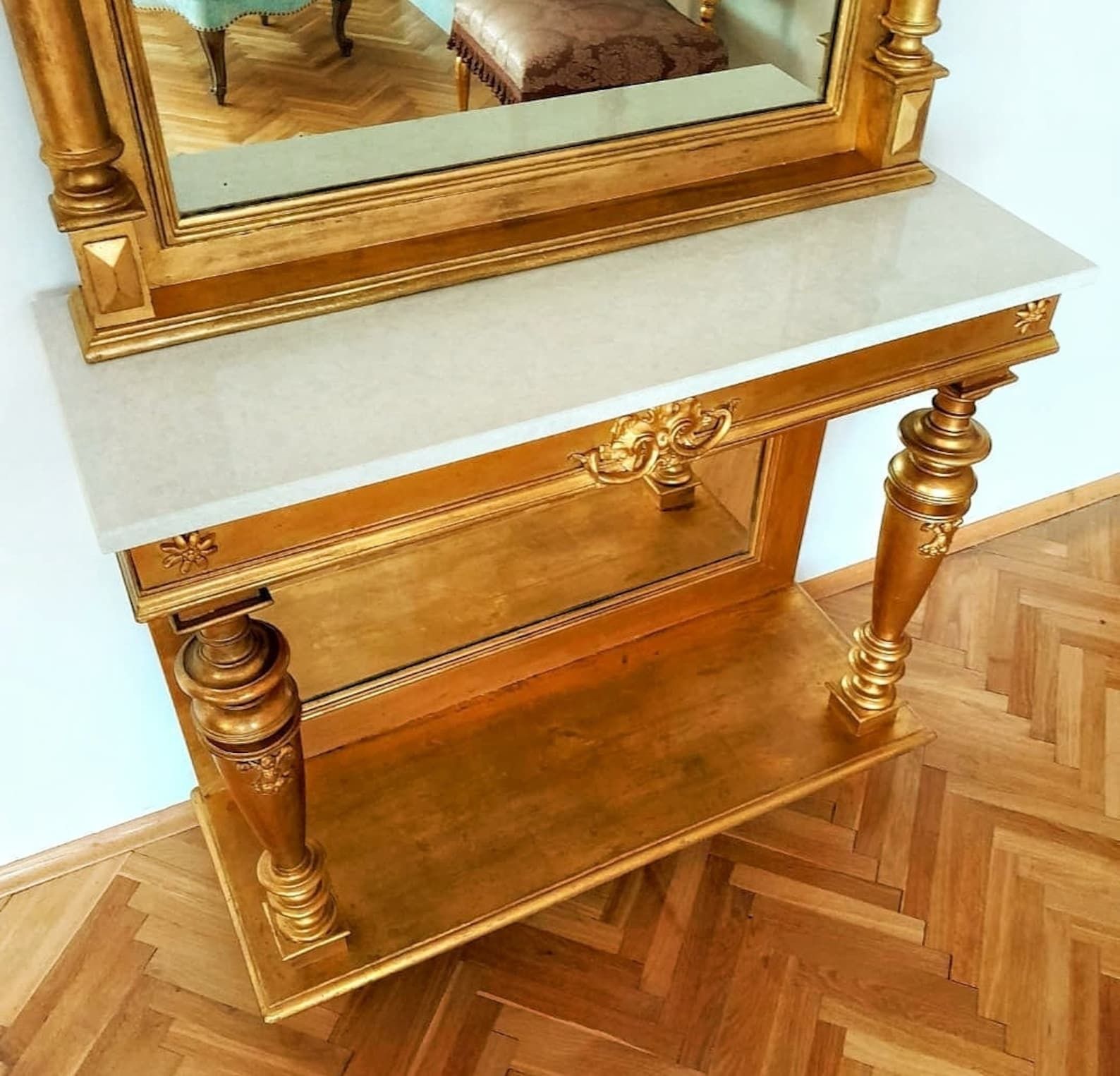 Late Victorian Console Table With An Extra Large Mirror Done In Gold Plated Wood With A Marble Top // Made In Austria In 1880s photo for sale